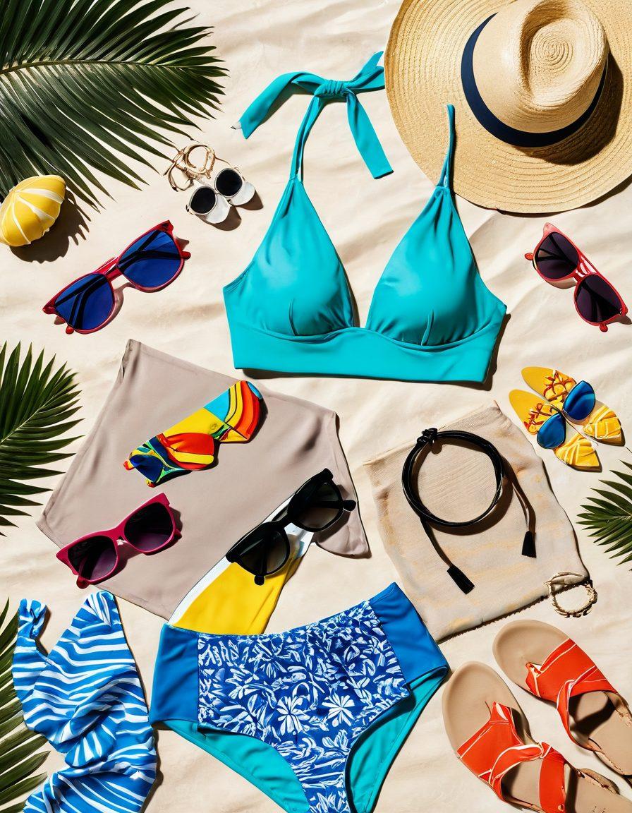 A beautifully arranged flat lay of colorful swimwear outfits, stylish bikinis, and trendy fashion accessories, including sunglasses, hats, and beach bags, set against a sandy beach background. The image should evoke a summer vibe with bright sunlight and tropical accents, showcasing a variety of textures and patterns. Capture the essence of fun and fashion in a vibrant and playful manner. super-realistic. vibrant colors. beach setting.